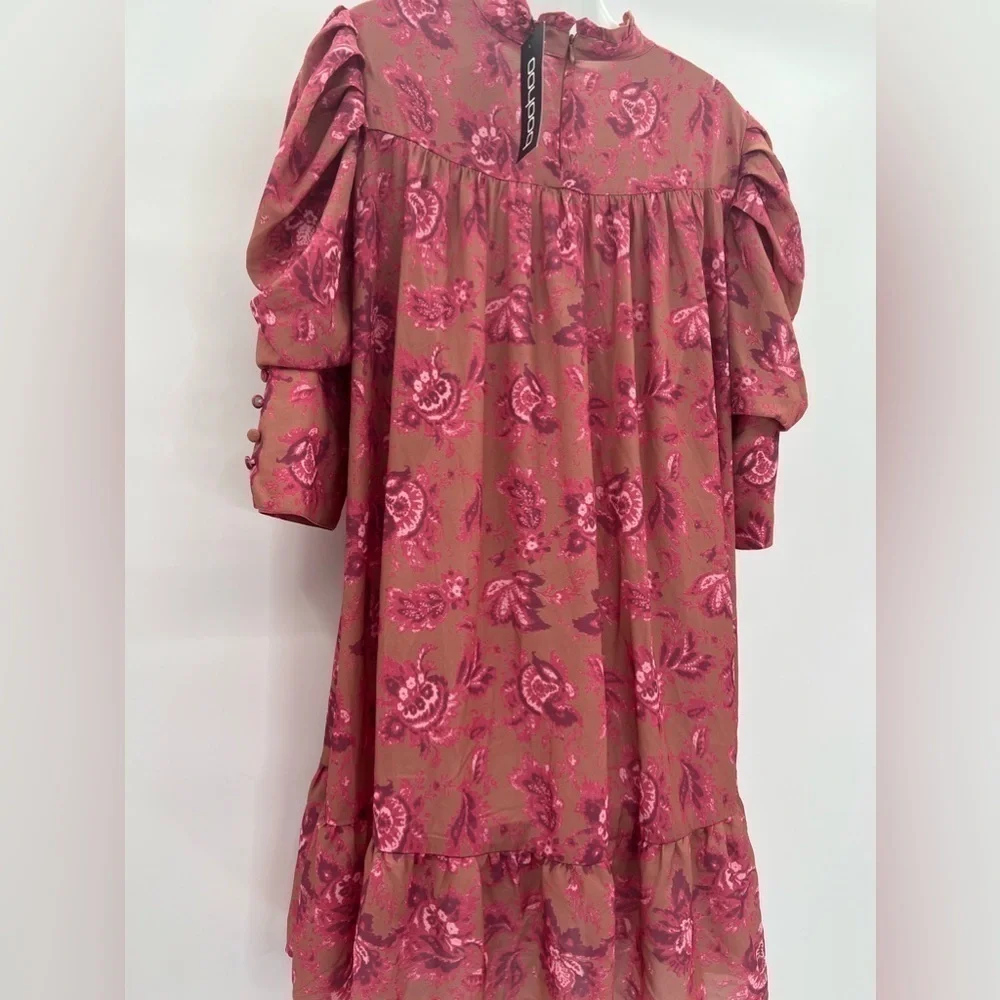 Boohoo Printed Puff Sleeve Ruffle Neck Smock Dress | Size 14 (XL) NWT